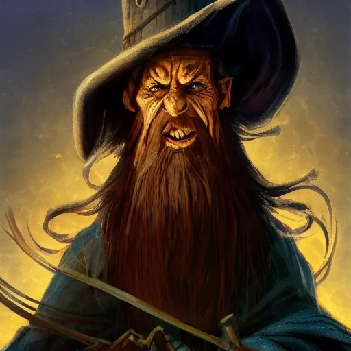 Image similar to Chawick the Fail Wizard, a wizar's apprentice in ragged and stained wizard's robes and hat. 8k resolution, full-length portrait, digital painting, fantasy art, D&D character art, greg rukowski, frank frazetta, larry elmore.