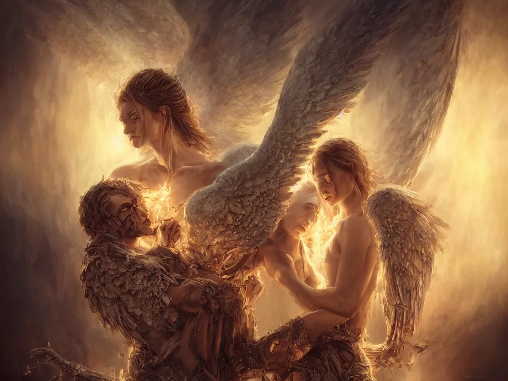 Image similar to angel holding a burning man in his arms, fantasy art, award winning, fantasy magic, intricate, elegant, sharp focus, cinematic lighting, highly detailed, digital painting, concept art, art by wlop and artgerm, masterpiece, trending on artstation, 8 k