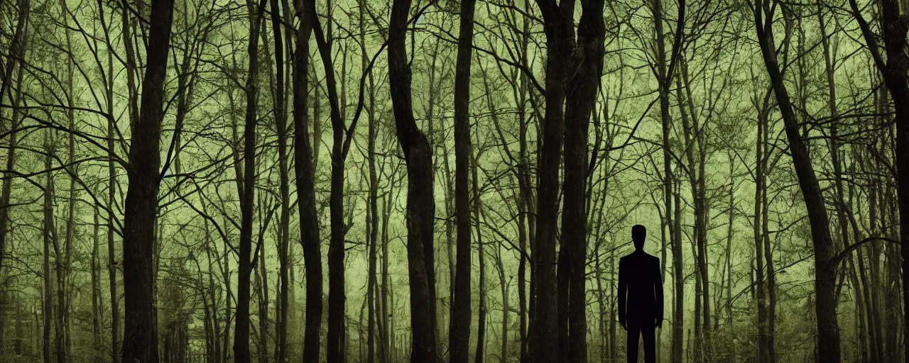 Prompt: slenderman staring at you from behind a tree at a forest in the afternoon