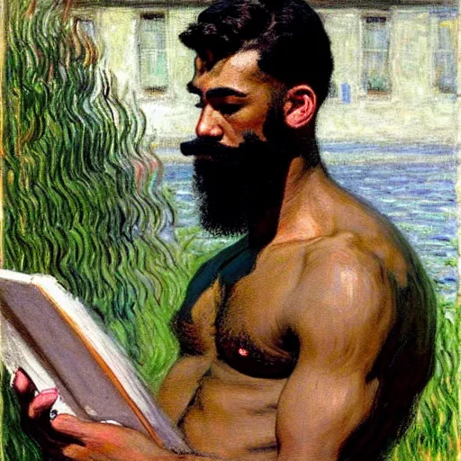 Prompt: attractive man with dark skin reading a book, painting by tom of finland, john william waterhouse, claude monet