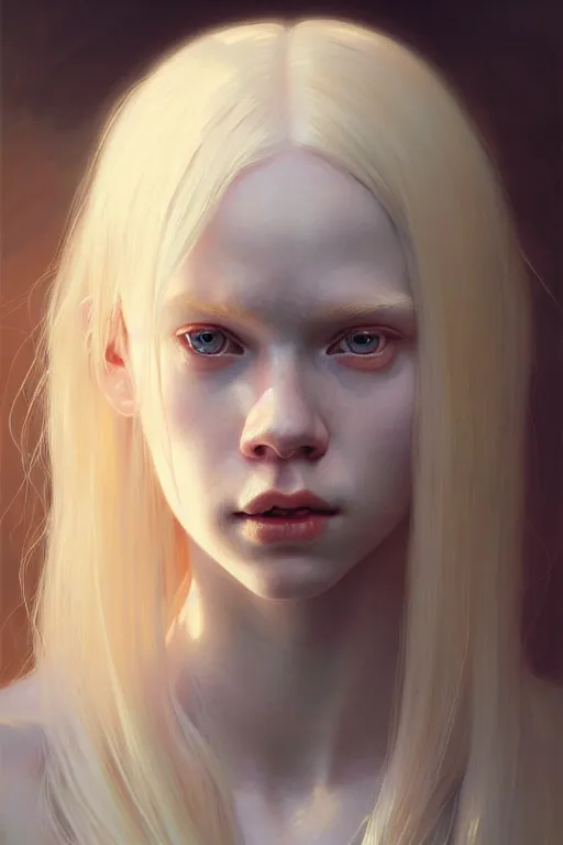 Image similar to Close-up portrait of young albino girl, long blonde hair, dark fantasy, portrait, highly detailed, digital painting, artstation, concept art, sharp focus, illustration, art by artgerm and greg rutkowski and alphonse mucha