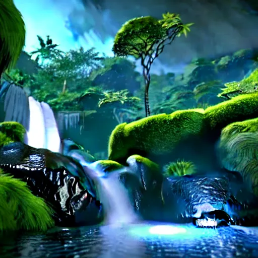 Image similar to a lush cave with a waterfall hyper realistic 8k unreal engine