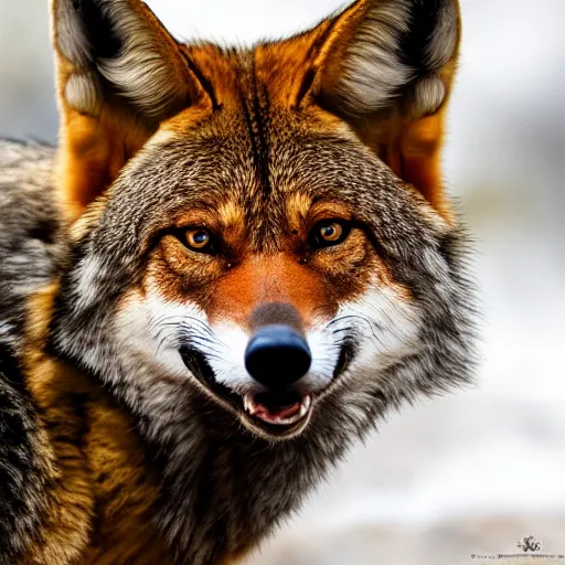 Prompt: professional photograph of a tawny red wolf, high quality, hd, 8 k, 4 k, magnificent, award - winning, nature, nature photography, awe - inspiring, highly detailed, amazing