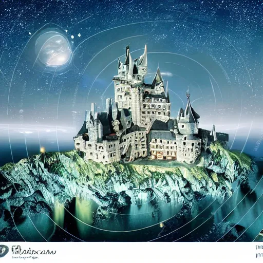 Prompt: a magnificent castle in the night sky above ocean, sense of awe, breathtaking, extremely detailed, concept art