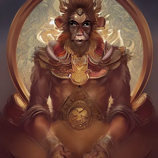 Image similar to Sun Wukong, monkey king, divine, golden ,symmetrical, D&D character art, portrait, digital painting, Peter Mohrbacher, Alphonse Mucha, Brian Froud, Yoshitaka Amano, Kim Keever, Victo Ngai, James Jean