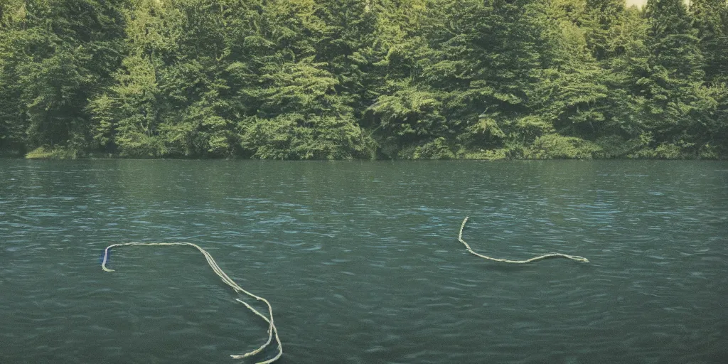 Image similar to symmetrical photograph of an infinitely long rope submerged on the surface of the water, the rope is snaking from the foreground towards the center of the lake, a dark lake on a cloudy day, trees in the background, moody scene, kodak colorful film stock, anamorphic lens