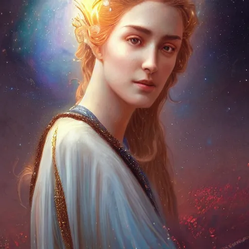 Image similar to epic portrait goddess of space, beauty, pretty face, glossy skin, dark, stars, glowing, digital painting, artstation, concept art, soft light, hdri, smooth, sharp focus, illustration, fantasy, intricate, elegant, highly detailed, D&D, matte painting, in the style of Greg Rutkowski and Alphonse Mucha and artemisia, 8k, highly detailed, jurgens, rutkowski, bouguereau, pastoral, rustic, georgic