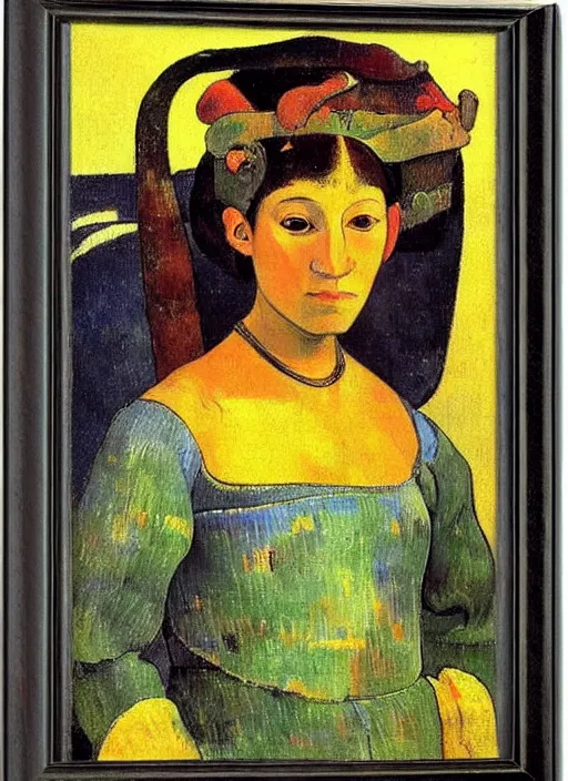 Image similar to portrait of young woman in renaissance dress and renaissance headdress, art by paul gauguin