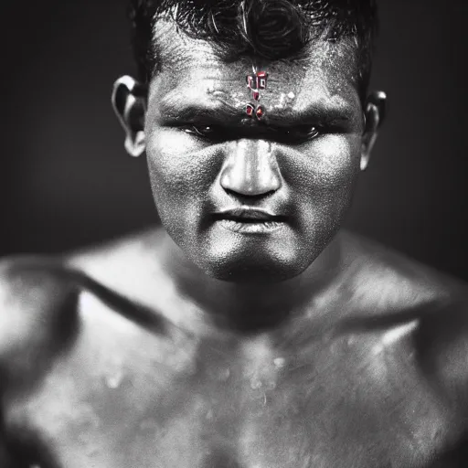 Image similar to close up portrait of indian kushti wrestler by richard avedon, realistic, Leica, medium format, cinematic lighting, parallax, high resolution,