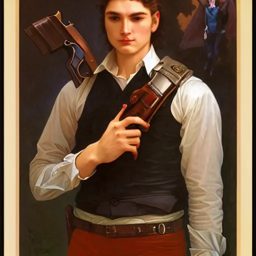 Image similar to a vintage portrait painting of a fantasy male gunslinger, art by tristan eaton and artgerm and william - adolphe bouguereau