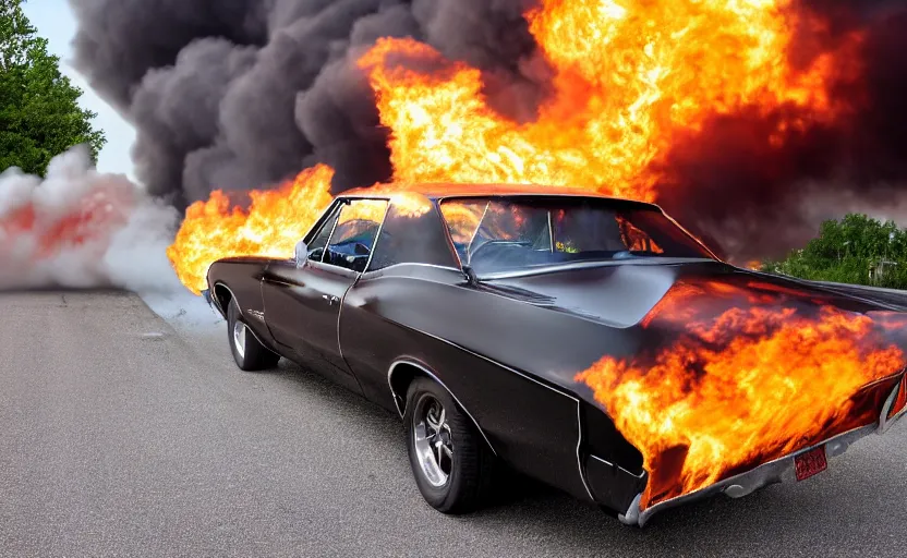 Image similar to a black 1 9 6 4 pontiac gto driving high speed, fire explosion in the background, action scen. realistic. high resolution. dramatic