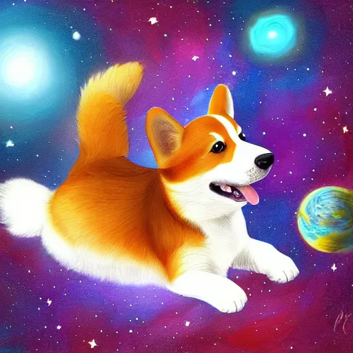 Image similar to corgi puppy floating in space, cosmic, calm, beautiful digital painting