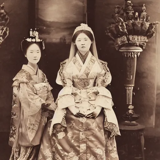 Image similar to A Russian and Japanese mix 1900s historical fantasy photograph of an empress bridal ensemble featured inside of a museum.