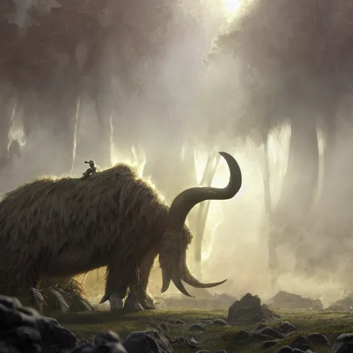 Prompt: Magic The Gathering art action shot of troll warriors riding wooly mammoths in the tundra, drawn by Donato Giancola and Tom Bagshaw, Edmund Leighton, Alphonse Mucha, 4k, volumetric lighting, intense battle scene award winning, octane render, hyperrealistic