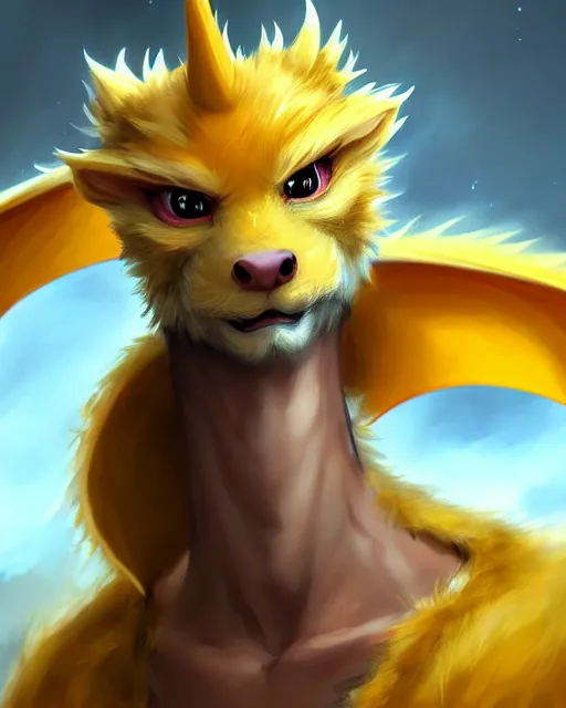 Image similar to character concept art of a cute young male anthropomorphic yellow dragon furry | | cute - fine - face, pretty face, key visual, realistic shaded perfect face, fine details by stanley artgerm lau, wlop, rossdraws, james jean, andrei riabovitchev, marc simonetti, and sakimichan, trending on artstation