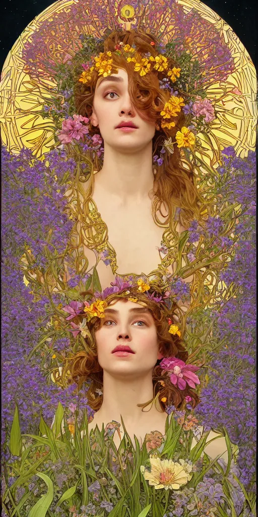 Prompt: a portrait painting of a singular beautiful female godess of spring, colorful flowers, holy geometry, tarot card style, by Mohrbacher and Moebius and Alphonse Mucha and Roger Deakins, cinematic lighting, masterpiece, golden ratio background, highly detailed, 8k resolution, trending on art station