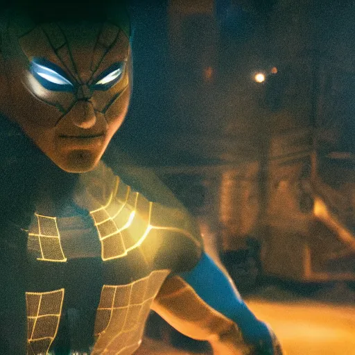 Image similar to ryan reynolds as a black and blue suit spider - man, cinematic, volumetric lighting, f 8 aperture, cinematic eastman 5 3 8 4 film, photorealistic