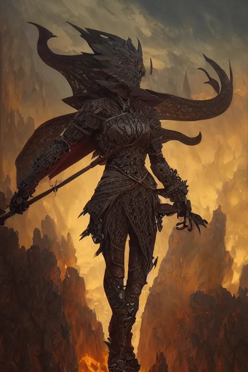 Image similar to warrior, wearing a dark armor, fighting a dragon, village in flames in the back, intricate, elegant, highly detailed, digital painting, artstation, concept art, smooth, sharp focus, illustration, art by artgerm and greg rutkowski and alphonse mucha and andrei riabovitchev