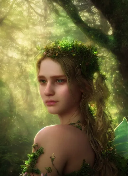 Image similar to portrait of a gorgeous fairy princess of the forest, 8k render, ultra realistic, cinematic lighting, artstation, Annie Leibovitz, artgerm