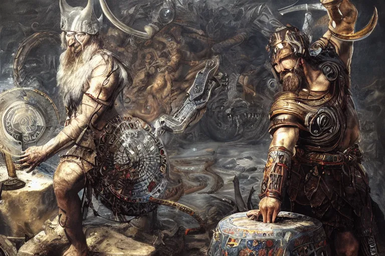 Image similar to mythological Viking Shaman of artificial intelligence creating an artificial neural network with synapses on an anvil, high resolution, award winning art, trending on art station, sharp image, incredibly detailed, detailed character realistic painting, painting by peter paul rubens