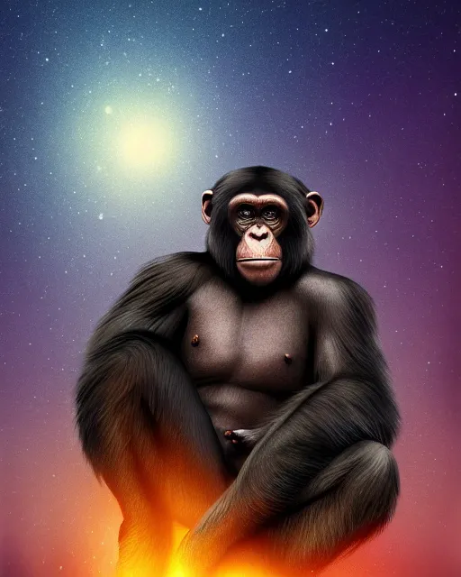 Image similar to very detailed high resolution illustration of a buff chimpanzee, backlit, stars, night, surrounded, 3 d, 8 k, extremely detailed, artstation, award winning