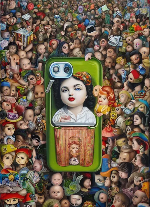 Image similar to people see a smartphone as a trash Mark Ryden and Alex Gross, Todd Schorr highly detailed