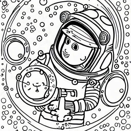 Image similar to Coloring page of an astronaut tabby cat with a bubble as a helmet, visiting Saturn, surrounded by bubbles