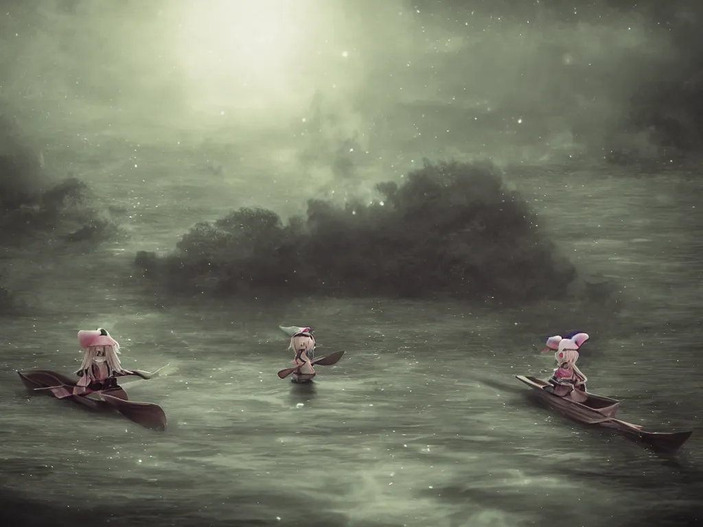 Image similar to cute fumo plush girl witch rowing a small boat through murky river water, river styx, otherworldly chibi gothic horror wraith maiden, lost in the milky void, hazy heavy swirling murky volumetric fog and smoke, moonglow, lens flare, vray