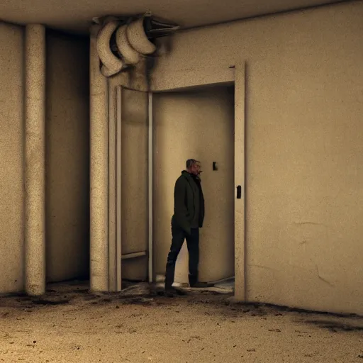 Prompt: a man is huddled in the corner of a sandy room, a heavy metal door and rusty pipes, sand and smoke are falling, blurred, faded, depth of field, sunny, ultra realistic, very detailed, by gerhard richter, neo rauch and nadav kander, 8 k hyper realistic detailed cinematic still