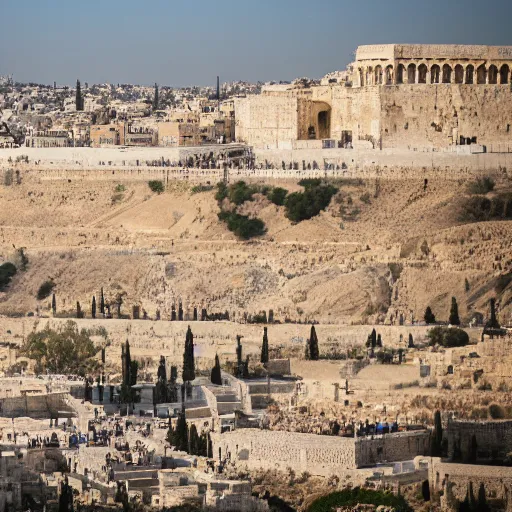 Prompt: an hd photograph of the real king titus and his legions standing on the mt of olives overlooking herods temple and the old jewish city in jerusalem. beautiful. epic framing. spiritual. canon 5 d mark iii. cinematic