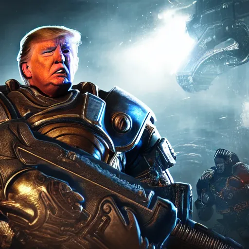 Image similar to Photo portrait of Donald Trump as Spartan in Gears of War, splash art, movie still, detailed face, photorealistic facial features, cinematic lighting, dramatic, octane render, long lens, shallow depth of field, bokeh, anamorphic lens flare, 8k, hyper detailed, 35mm film grain