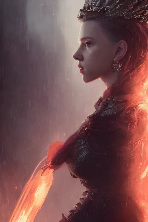 Image similar to a fancy portrait of Scarlett Johansson as a dragon queen by Greg Rutkowski, Sung Choi, Mitchell Mohrhauser, Maciej Kuciara, Johnson Ting, Maxim Verehin, Peter Konig, final fantasy , mythical, 8k photorealistic, cinematic lighting, HD, high details, atmospheric,