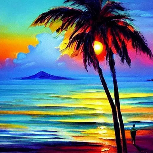 Prompt: an impasto oil painting of beautiful tropical islands during a colorful sunsetpainted by ken hong leung