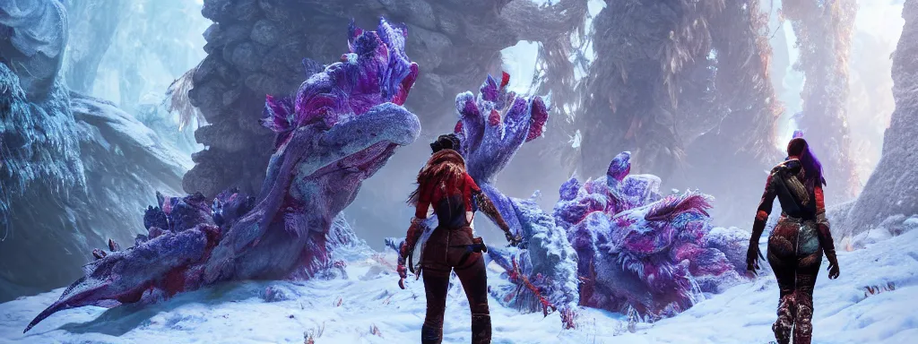 Image similar to explorer woman walking in animal fur armour, walking in a dense alien snow covered frosty jungle, with snow covered colourful red, blue and purple plants, large vines, snow covered arched organic rock structures, in the style of monster hunter world, like concept art on artstation, hyperdetailed, vray render, octane render,