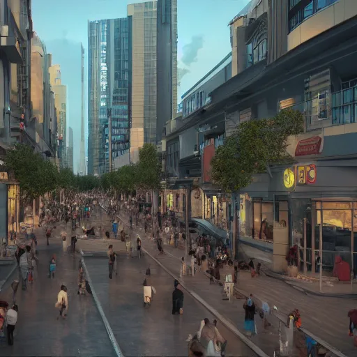 Image similar to 8 k hd detailed octane render of a bustling city street in a backwater spaceport