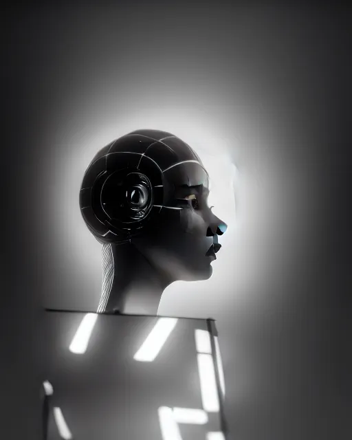 Image similar to black and white high quality photo of a female AI-queen-cyborg-doll looking into a sci-fi mirror, volumetric lighting, foggy, dreamy, hyperdetailed, photorealistic, cinematic, masterpiece, elegant, dark, in the style of Man Ray, octane render, 8K,