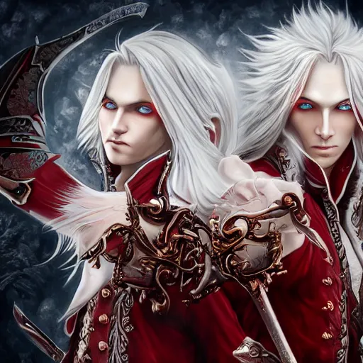 Image similar to Epic rococo painting of two young identical twins, with white skin, long white hair and red eyes. Wearing identical red clothes. Middle age. Castlevania, ultra-detailed. Anime, pixiv, UHD 8K CryEngine, octane render