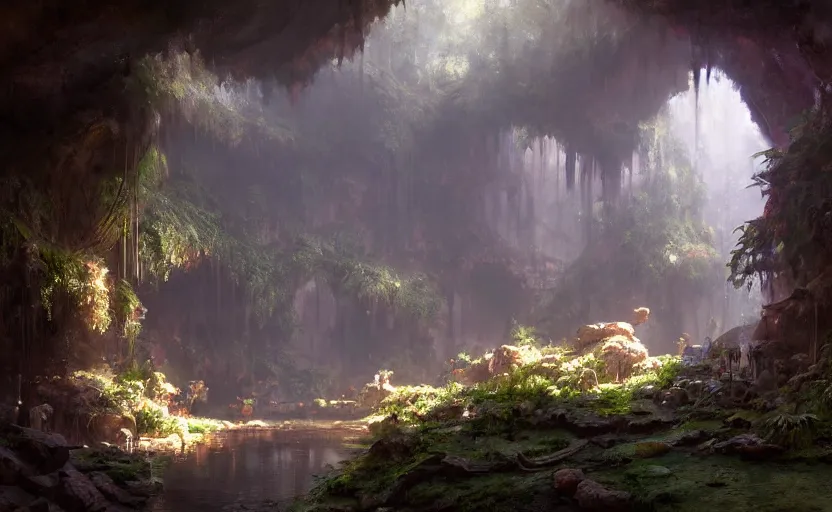 Image similar to painting of an interior of a hidden hotspring in a cave, fantasy, lush plants and flowers, natural light, concept art, by greg rutkowski and craig mullins, cozy atmospheric and cinematic lighting, trending on artstation