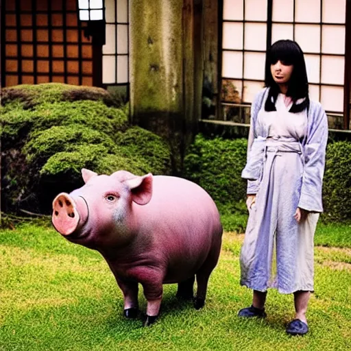 Prompt: “a tall emo girl with the head of a pig, in a Japanese ryokan, grass and weeds”