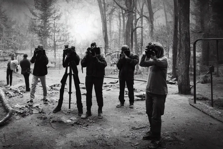 Prompt: photo of people taking pictures of an scp creature, eerie atmosphere, fear, mystery, dramatic, 8 k uhd