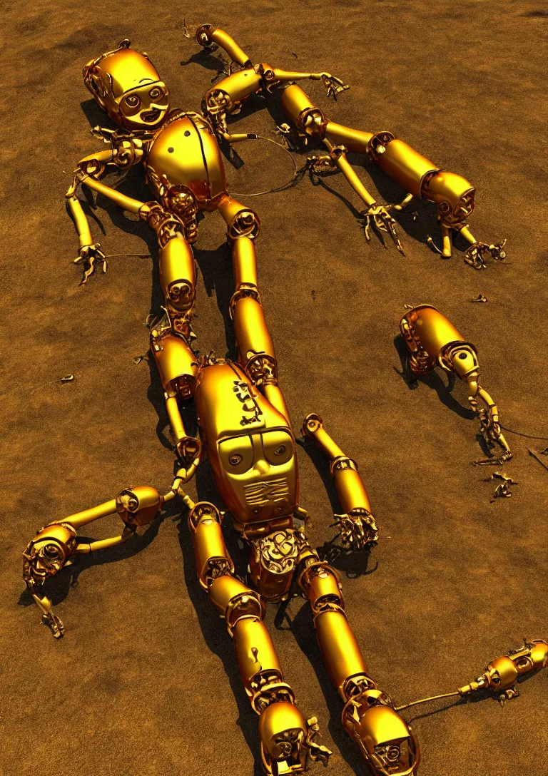 Image similar to Archaeologists discover ancient golden robot. Photorealistic. Intricate details.