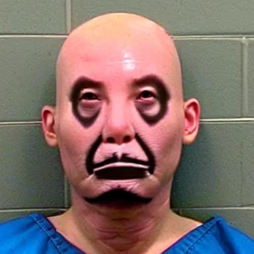 Image similar to inmate body with chicken face, mugshot in a police station