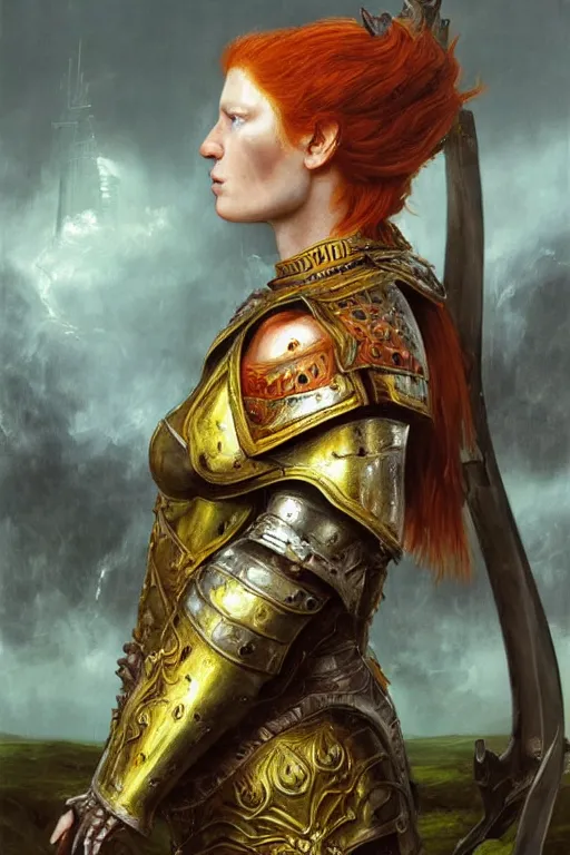 Image similar to beautiful female warrior, half body portrait, ginger hair, ornate armour, realistic oil painting by Thomas Cole and Wayne Barlowe