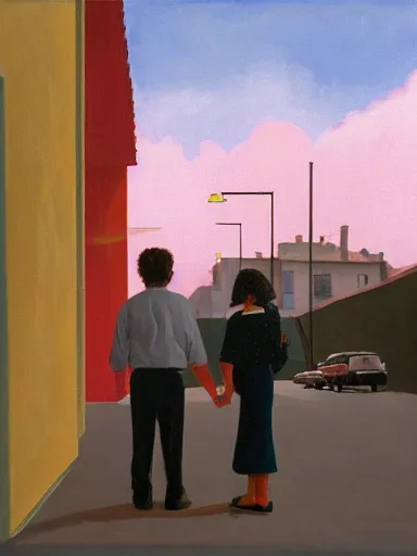 Prompt: a guy and a girl kissing, artwork by wes anderson, cinematic light, atmospheric effects, oil on canvas