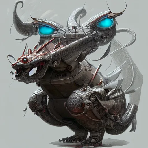 Image similar to a mechanical robot with camera lens eyes in the shape of a cute fat obese dragon, intricate, highly detailed, artstation, concept art, smooth, sharp focus, art by artgerm and greg rutkowski