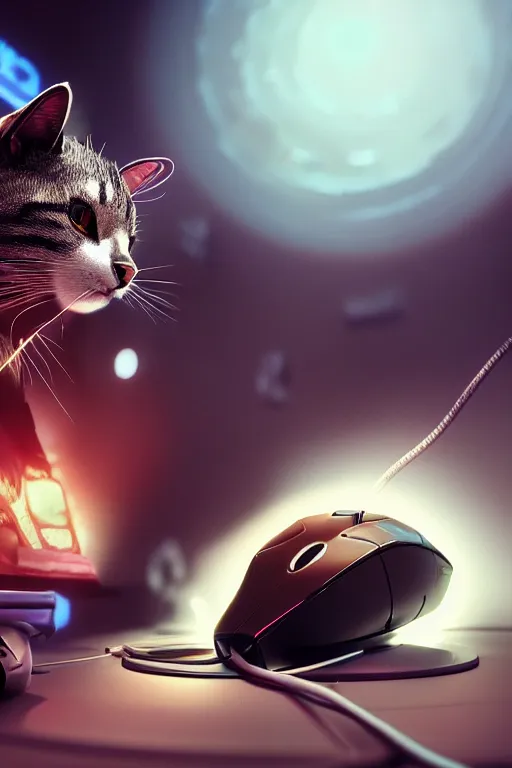 Image similar to portrait of a robotic cat eating a computer mouse. cinematic, cyberpunk, digital art, blender, octane render, volumetric lighting, 8 k, detailed, trending on artstation