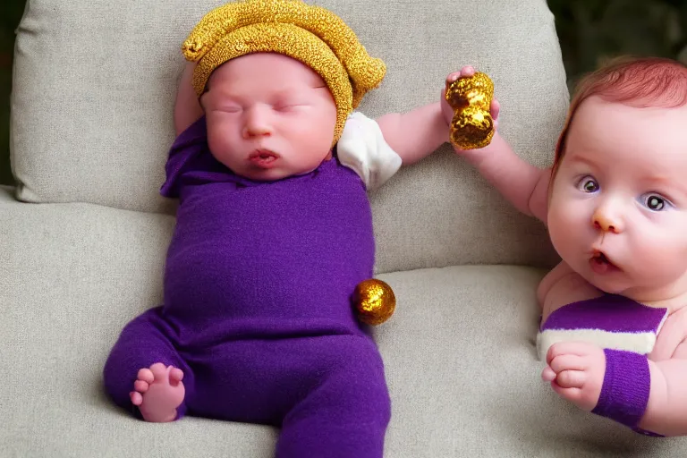 Prompt: baby thanos waving a golden rattle with colored gems