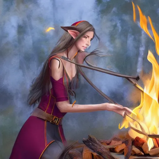 Image similar to a realistic illustration of a top half of a body of a female elf casting a fire spell