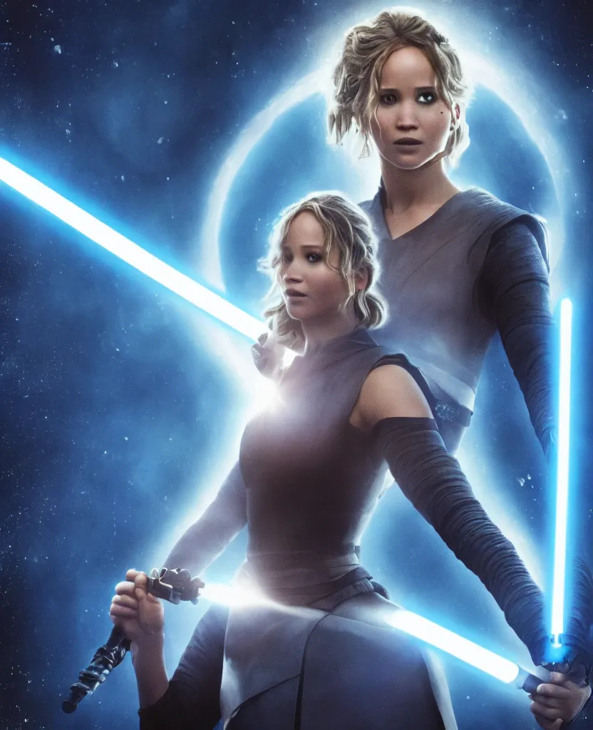 Image similar to jennifer lawrence as a jedi holding up a blue lightsaber, very dark background, official new star wars episode xi movie poster from lucas arts, perfect symmetrical face, full moon, moody lighting, 8 k, shallow depth of field, intricate detail,