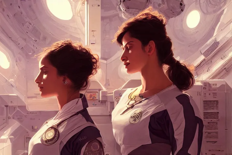 Image similar to Sensual beautiful female pale young Indian doctors wearing Deus Ex Human Revolution clothing in a space station above Earth, portrait, elegant, intricate, digital painting, artstation, concept art, smooth, sharp focus, illustration, art by artgerm and greg rutkowski and alphonse mucha